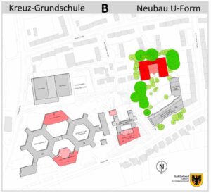 Die Planungen für die Kreuz-Grundschule - in grau rechts der Altbau, rot der geplante Neubau in U-Form auf dem Schulhof.