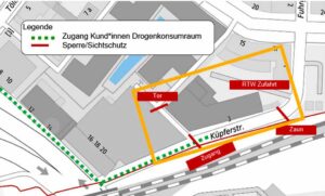 So könnte die Wegeführung zum Drogensumraum in der Küpferstraße gestaltet werden.